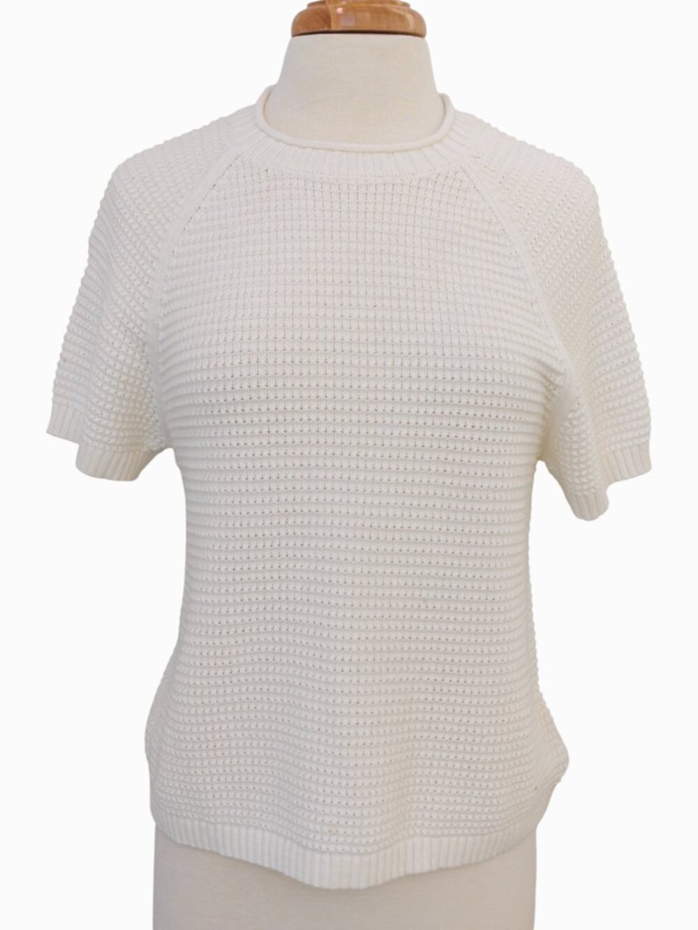 Tahari White Textured Cotton Knit Short Sleeve Sweater Sz M